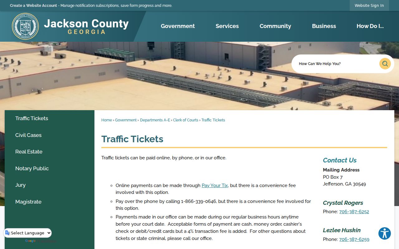 Jackson County traffic ticket page explaining county, State Patrol, and city court routing