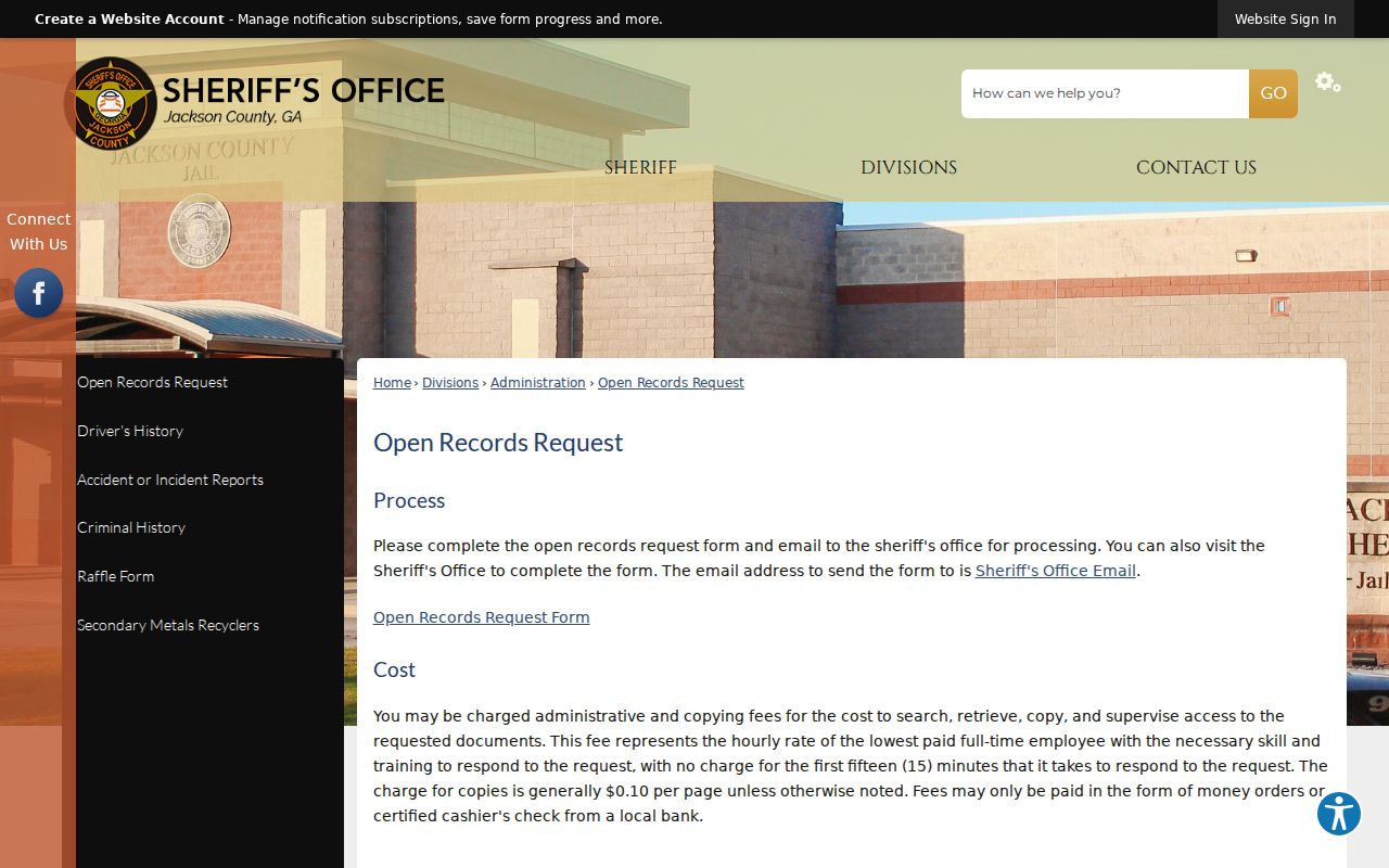 Jackson County warrant records Sheriff's open-records request instructions